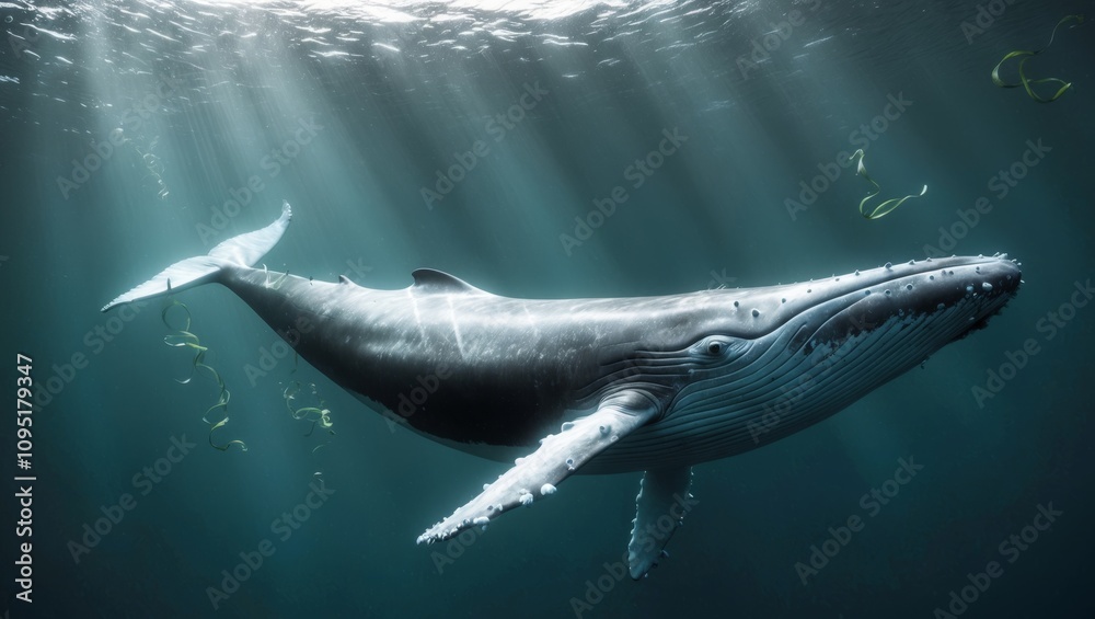 Fototapeta premium blue whale swims alone in the deep ocean.