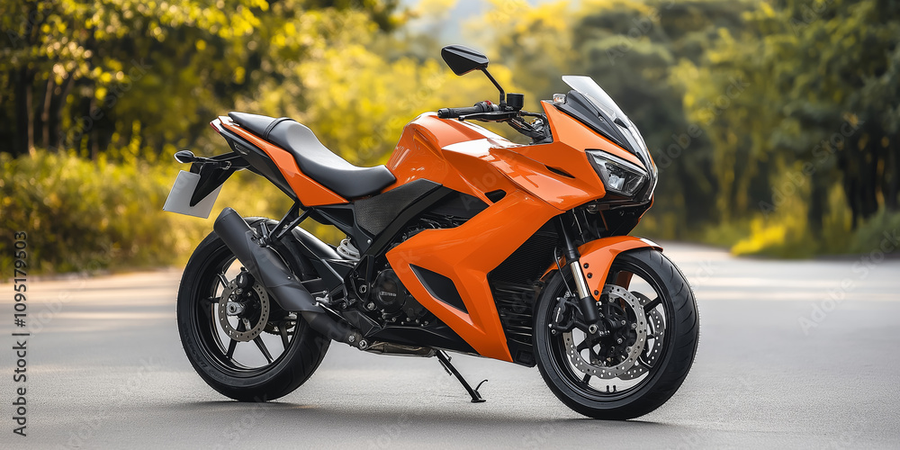 A stylish orange motorcycle is displayed amidst lush greenery, capturing attention. A stylish orange motorcycle is displayed amidst lush greenery, capturing attention.