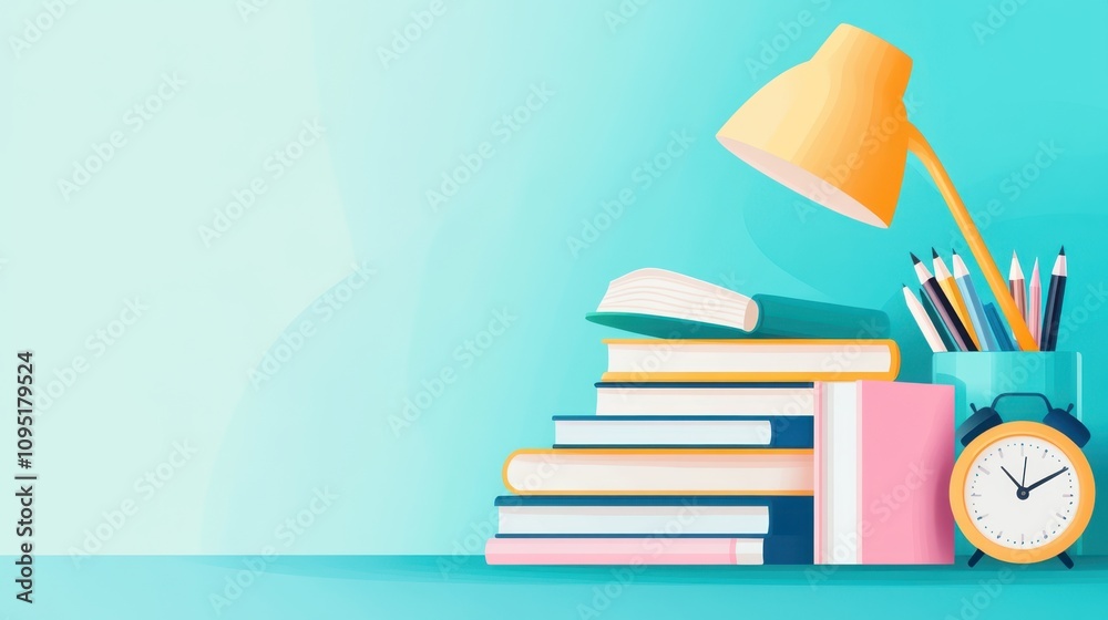 Office Supplies Arranged With a Lamp, Books, Alarm Clock, and Writing Instruments on a Blue Background Office Supplies Arranged With a Lamp, Books, Alarm Clock, and Writing Instruments on a Blue Background
