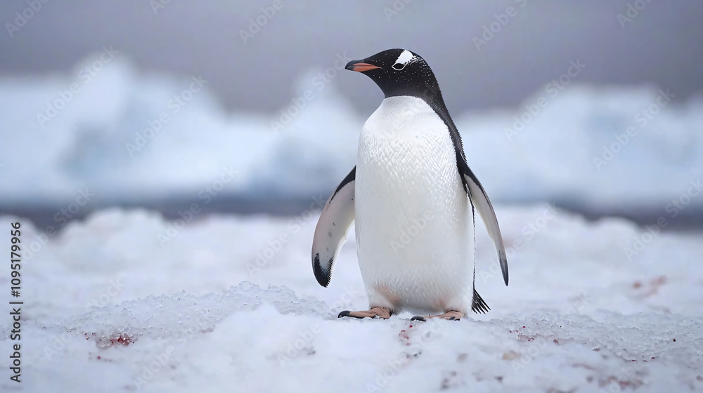 Obraz premium Penguin standing on a snowy surface in Antarctica, showcasing its sharp features and natural habitat.