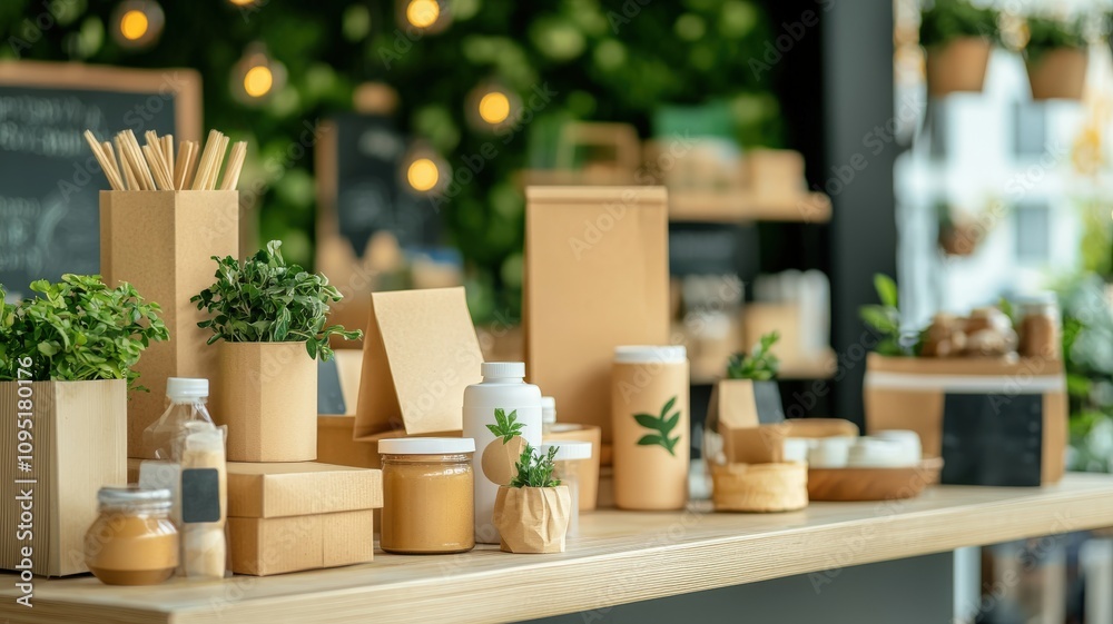 Greenery and sustainable environmental concept. Natural packaging display with herbs and jars on a wooden table Greenery and sustainable environmental concept. Natural packaging display with herbs and jars on a wooden table