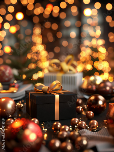 A close-up image of a beautifully decorated Christmas tree, surrounded by wrapped gifts, in a warmly lit living room. 