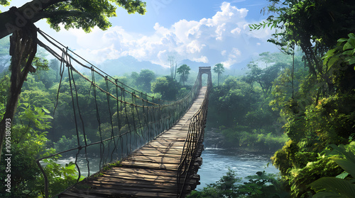 Rustic iron suspension bridge with weathered wooden planks arches over serene river surrounded by lush greenery and towering trees under a cloudy blue sky. Rustic Wooden Bridge. Illustration photo