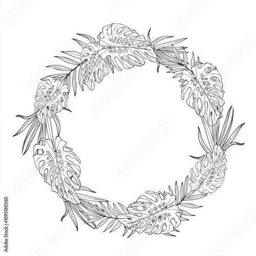 Vector monochrome monstera and palm plant vector wreath with empty space for text. Tropical areca, Cycas house plant line art black ink sketch. Floral illustration for greeting cards, invitation