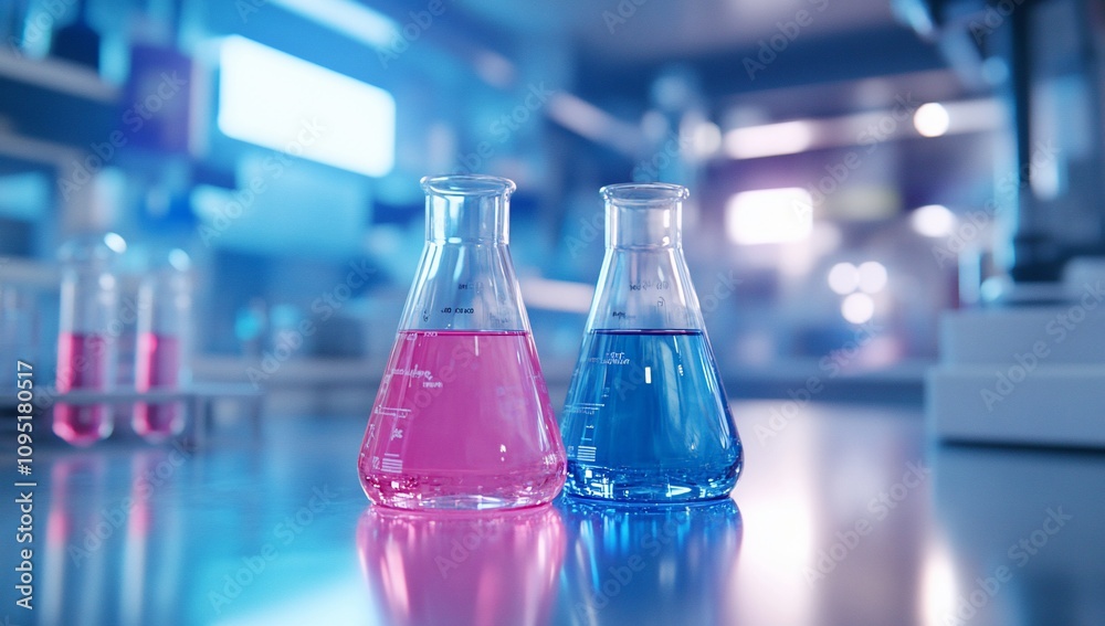 Two laboratory flasks with pink and blue liquids on a lab table. Two laboratory flasks with pink and blue liquids on a lab table.