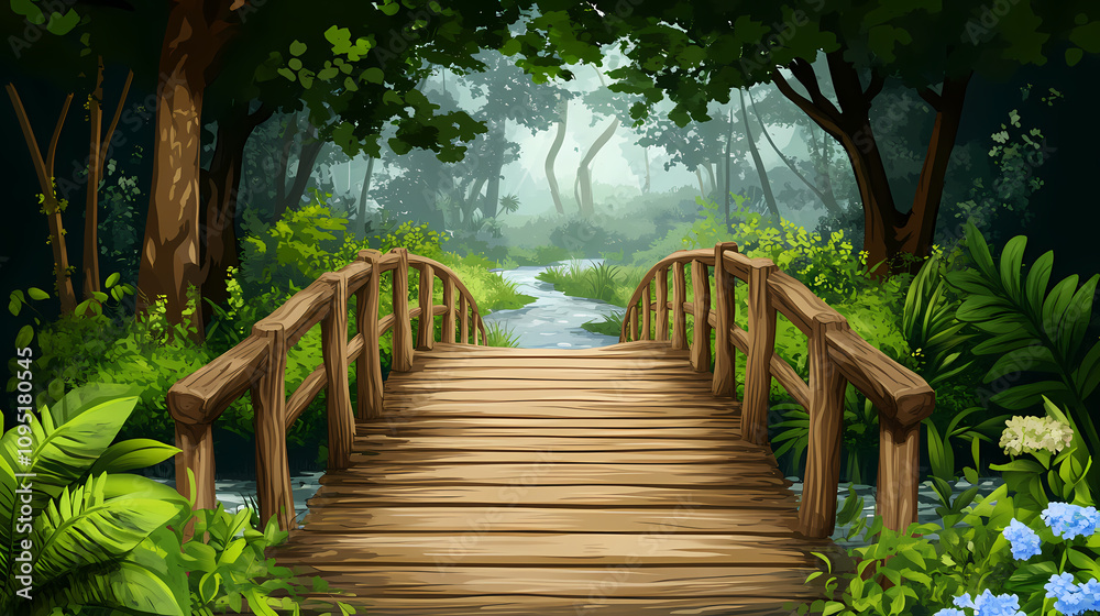Fototapeta premium Jungle trail with rustic wooden bridge crossing a stream. Rustic Wooden Bridge. Illustration