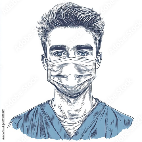 A hand-drawn line art portrait of a young male nurse wearing a face mask and scrubs, crafted as a high-resolution vector illustration on a white background. 