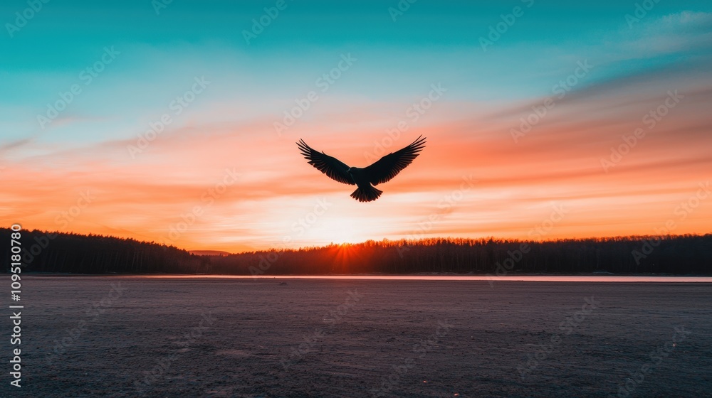 Fototapeta premium Majestic Bird Silhouette at Sunset Over Lake and Forest