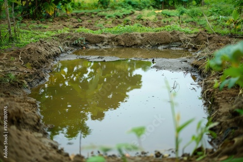 A small, muddy puddle reflects the surrounding lush green vegetation in a tranquil outdoor setting.