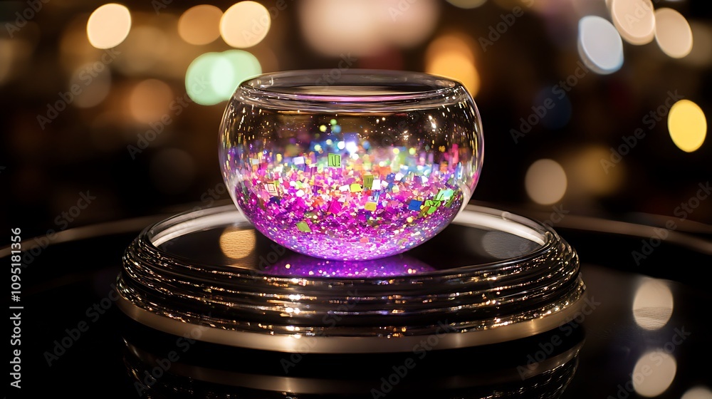 Illuminated Glass Bowl Filled With Sparkling Glitter Illuminated Glass Bowl Filled With Sparkling Glitter