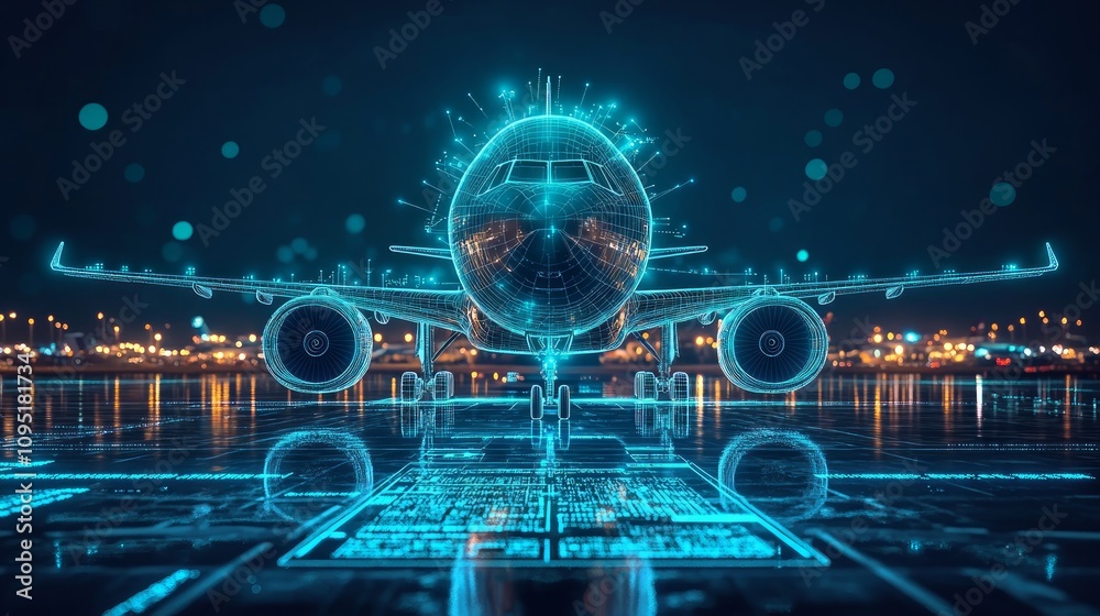 Futuristic airplane on digital runway at night. Futuristic airplane on digital runway at night.