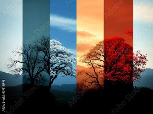 four silhouettes of human profiles. Each silhouette indicates a different season, located in vertical panels. Cold crystalline winter, blooming spring with delicate pastel tones, lush and green greene