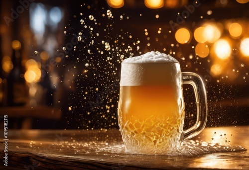 close creative foam splash beer mug highlighting effervescent bubbles whimsical drips, froth, texture, beverage, liquid, refreshing, microbubbles, craft photo