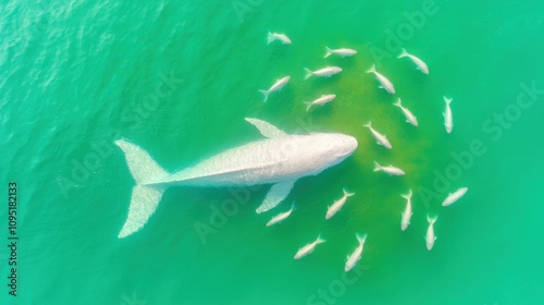 Majestic Albino Whale Surrounded by Fish in Turquoise Water