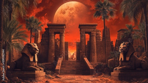 Illustration of a beautiful Egyptian temple painting with red sky, big moon and palm trees. Ai generated image