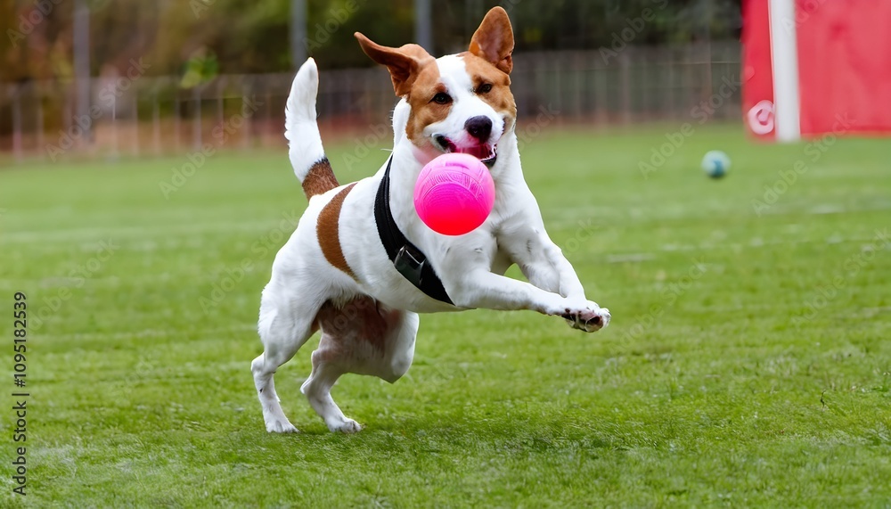 A Dog playing with a ball on the grass A Dog playing with a ball on the grass