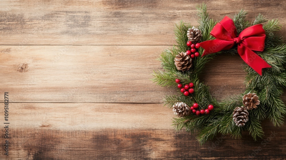 Festive Wreath Adorned With Pine and Berries Hangs on a Rustic Wooden Door