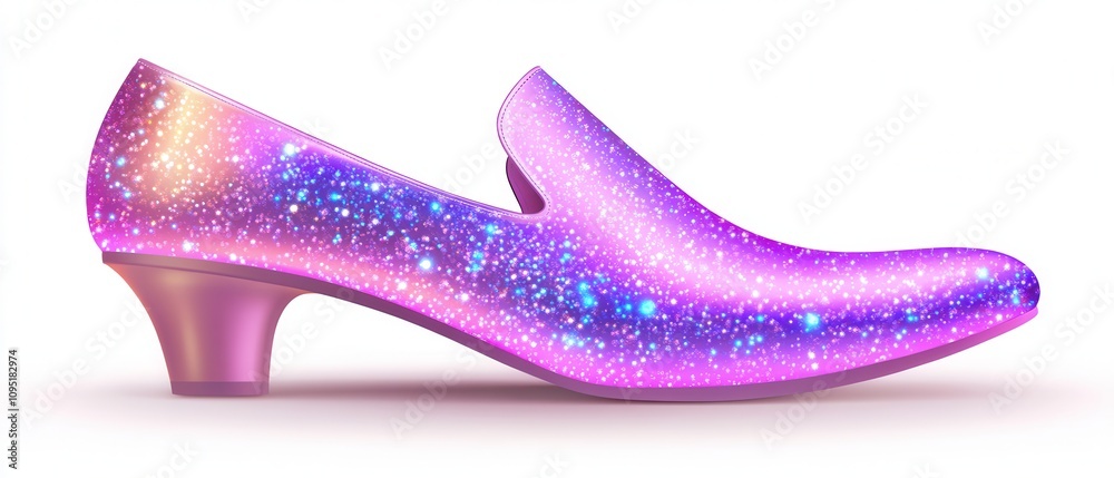 Obraz premium A stylish pink and purple glittery shoe with a low heel, featuring a cosmic starry design that adds a whimsical touch to footwear.