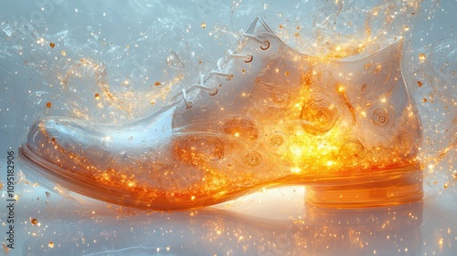 A glowing, ethereal shoe with sparkling effects, blending elements of fashion and fantasy in a captivating display of light.