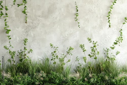 Lush greenery thrives against a textured concrete wall, creating a vibrant, natural scene.