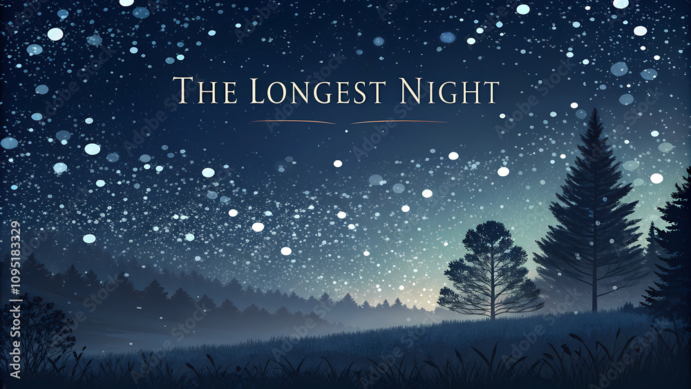 The Longest Night text with starry night over forest landscape. The Longest Night text with starry night over forest landscape.
