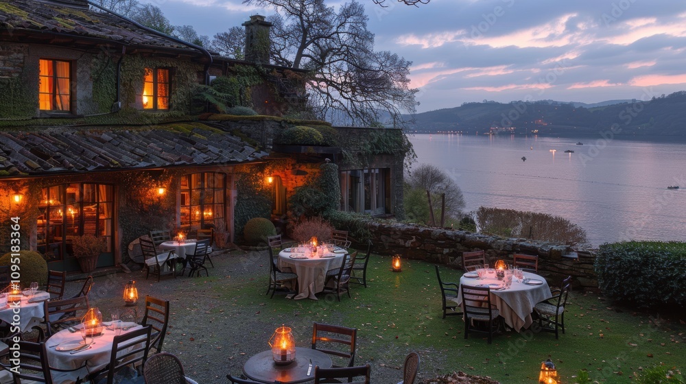 Obraz premium An enchanting outdoor dining experience on a scenic terrace overlooking a serene lake at dusk, surrounded by nature's tranquil beauty and ambient lighting