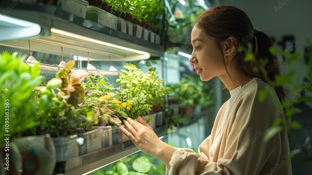Obraz premium Woman tending to her hydroponic garden indoors.