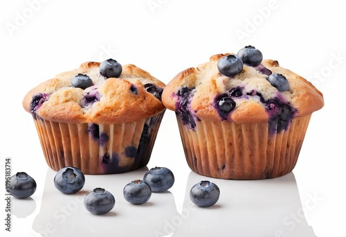 Two blueberry muffins on a white background