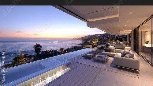 Wallpaper Mural Stunning panoramic view from a luxury modern beachfront home patio overlooking the ocean during a breathtaking sunset showcasing elegant architecture Torontodigital.ca