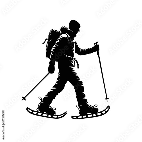 Silhouette of a snowshoe athlete trekking through the snow with gear in a dynamic pose