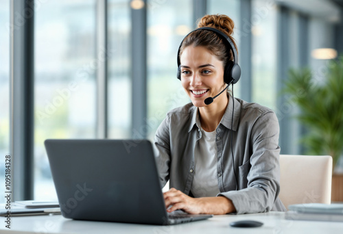 Smiling Female Customer Support Representative Working on Laptop photo