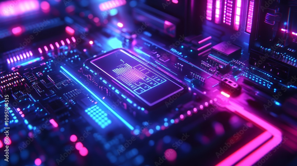Futuristic circuit board with glowing neon lights and digital display. Futuristic circuit board with glowing neon lights and digital display.