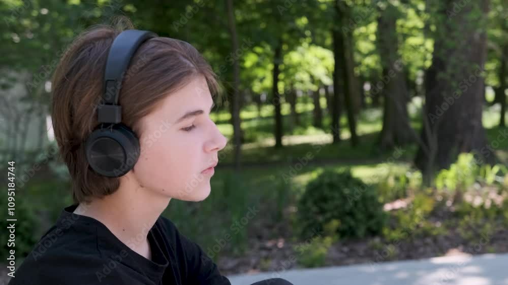 Young man wearing headphones enjoys music in a park, captured in a slow motion montage highlighting relaxation and tranquility Young man wearing headphones enjoys music in a park, captured in a slow motion montage highlighting relaxation and tranquility