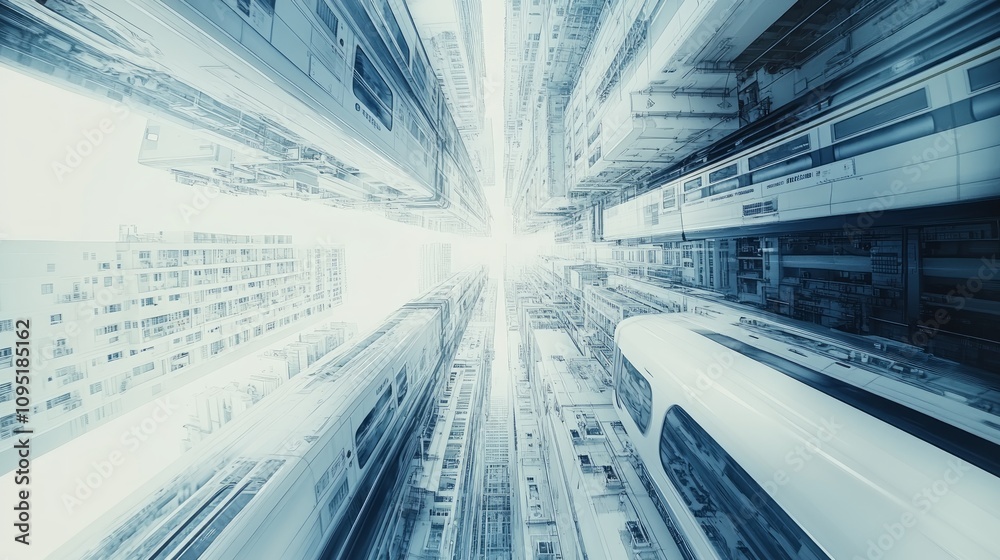 Obraz premium Futuristic city architecture, towering structures converging towards a bright light source.