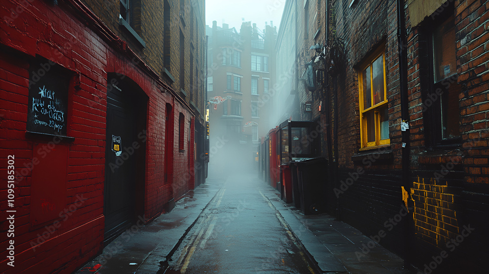 Fototapeta premium Moody Alley Scene with a Hazy Atmosphere and Dim Lighting. Perfect for Mysterious Urban Narratives