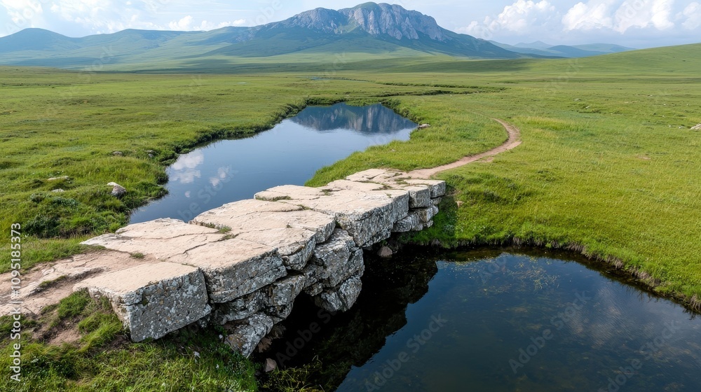 Fototapeta premium Scenic Stone Bridge Over River Mountain Landscape Green Meadow