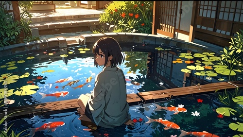 Anime style koi pond scene with a lone protagonist in a tranquil Japanese garden