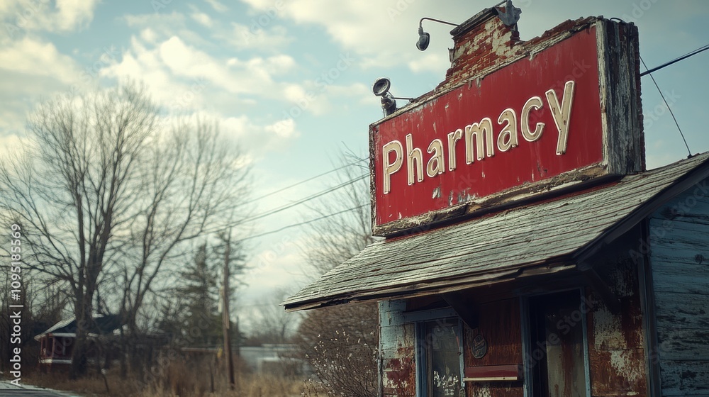 Obraz premium A weathered and rustic old pharmacy sign attached to an abandoned building in a barren and desolate rural area under an overcast sky