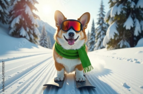 Corgi stands on skis in a snowy forest. Winter sports. photo