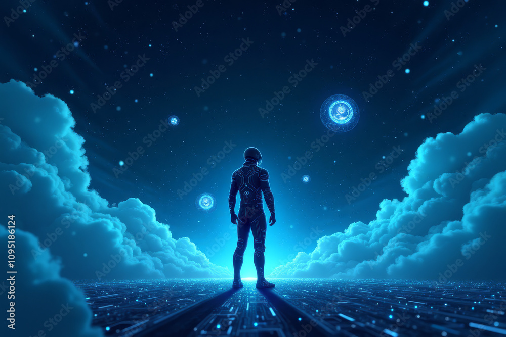 A person in a VR headset exploring digital reality against a futuristic blue background A person in a VR headset exploring digital reality against a futuristic blue background