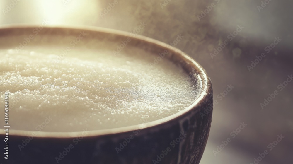 Close-up view of frothy liquid surface in a rustic bowl with steam rising Close-up view of frothy liquid surface in a rustic bowl with steam rising