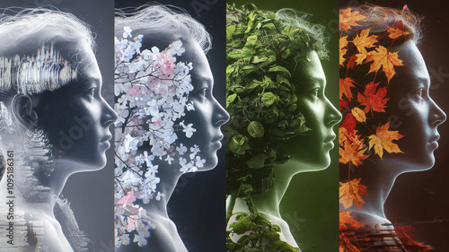 four silhouettes of human profiles. Each silhouette indicates a different season, located in vertical panels. Cold crystalline winter, blooming spring with delicate pastel tones, lush and green greene