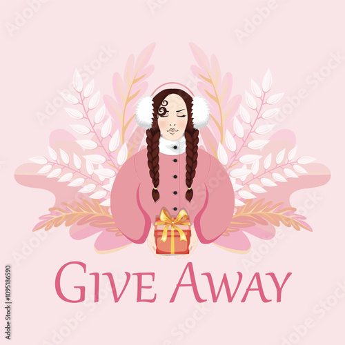 Brunette Woman  in pink coat gives away a present
