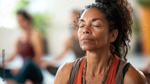 Portrait of a serene woman meditating in a yoga class with blurred participants in the background