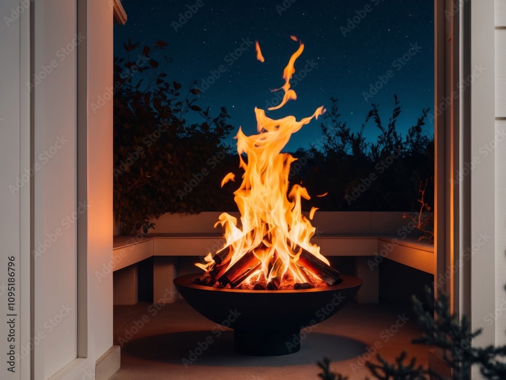 Fototapeta premium Captivating flames dancing in cozy outdoor fireplace at night.