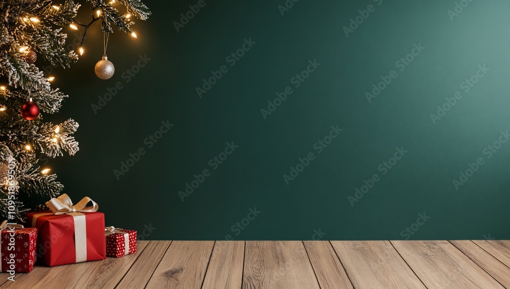 A festive scene with a Christmas tree and wrapped gifts.