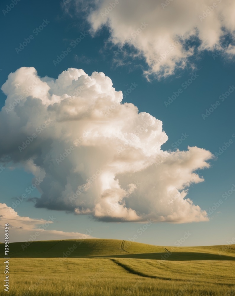 Cumulus Clouds Above a Vast Open Field Landscape. Cumulus Clouds Above a Vast Open Field Landscape.