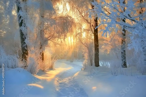 winter forest with snow-covered trees illuminated by golden sunlight and frosty landscapes leading to a serene pathway