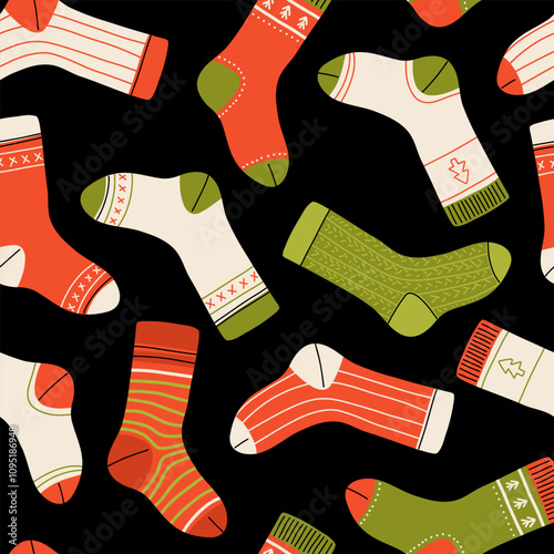 Christmas collection of trendy cotton and woolen socks with different textures isolated on white background. Vector seamless pattern. Knitted winter socks set different colors and sizes.