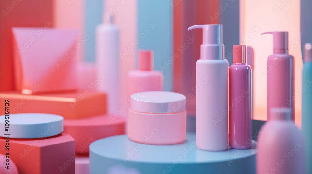 Display of colorful skincare bottles and containers on pastel geometric shapes Display of colorful skincare bottles and containers on pastel geometric shapes